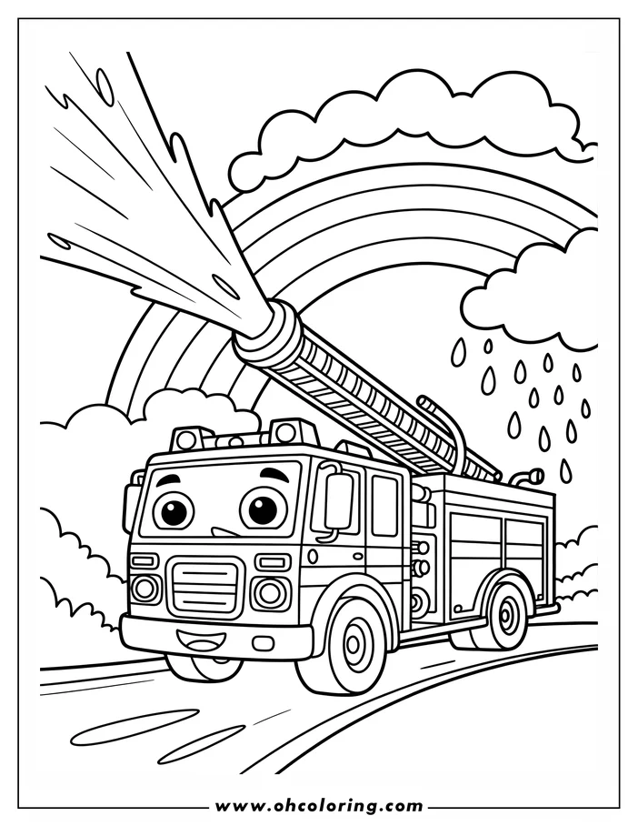 Line art of a cheerful fire truck spraying water from its hose. A rainbow is in the background with rain falling from a cloud.  This drawing is a coloring sheet design.