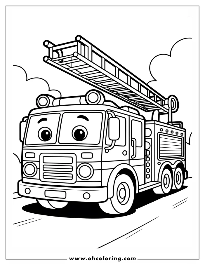 Line art of a friendly cartoon fire truck with an extended ladder. The firetruck has big, expressive eyes and is driving on a road with puffy clouds in the background. This is a drawing for coloring.