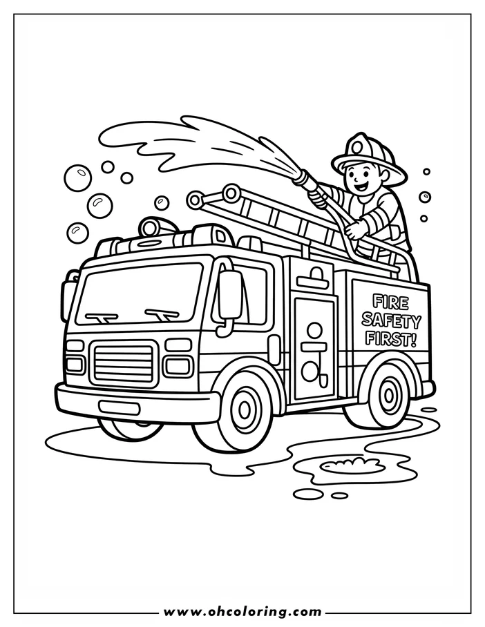 A line art depiction of a fire truck with a firefighter using a hose, ready for coloring. The truck and the firefighter are surrounded by bubbles, and the truck has a 'Fire Safety First' message written on it.