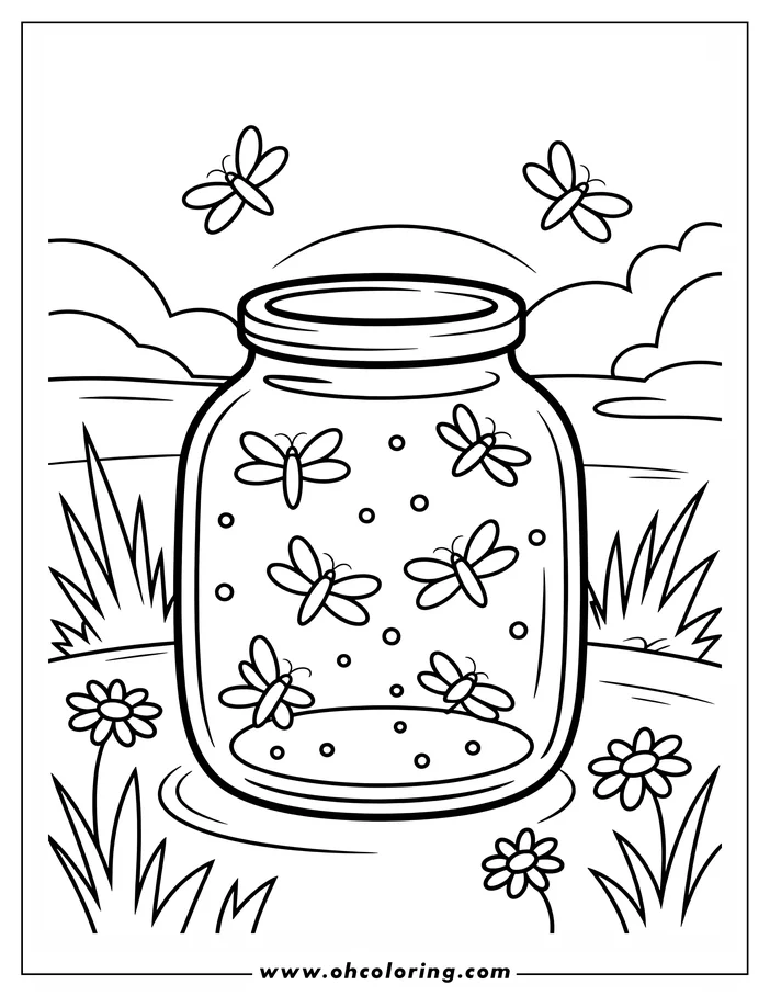 Outline of fireflies in and around a jar, with grass and flowers nearby.