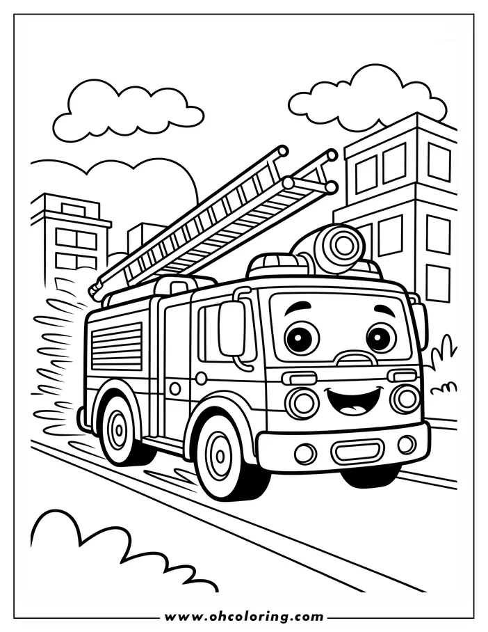Line art of a cartoon firetruck rushing to the rescue, its ladder extended. It has a happy face and simple design suitable for a coloring sheet. Buildings and clouds are in the background of this printable drawing.