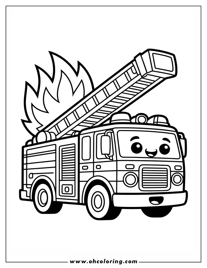 Outline of a cartoon fire truck with an extended ladder and flames in the background.