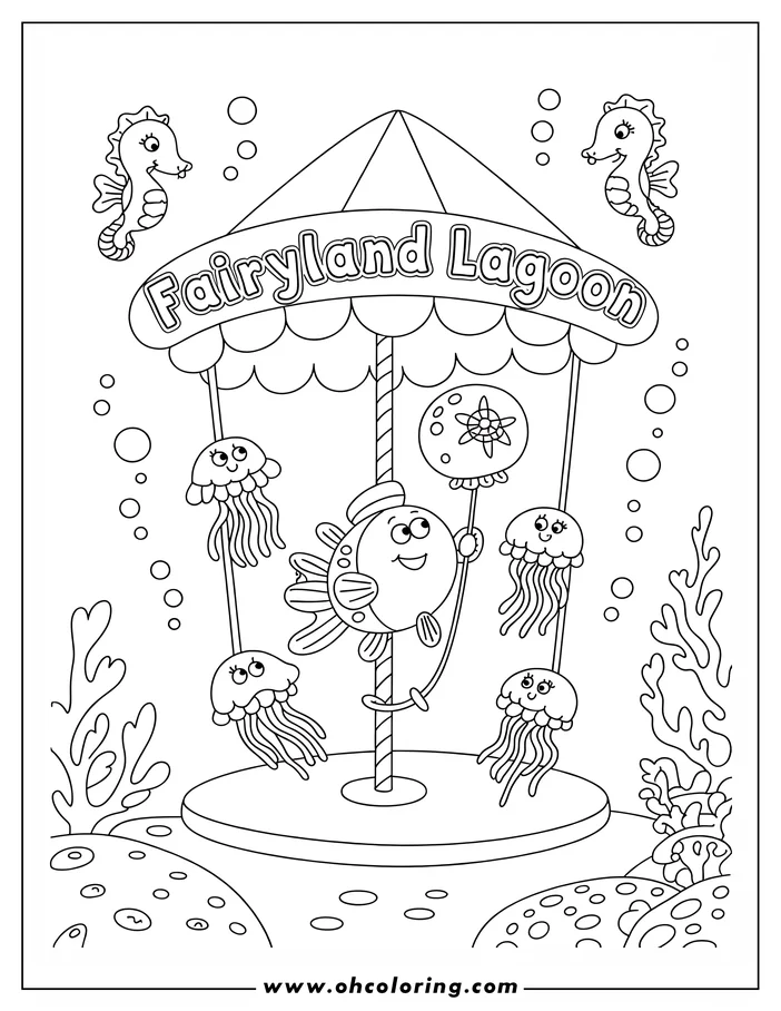 Line art of a fish on a merry-go-round with jellyfish, surrounded by seahorses and coral in a whimsical underwater setting.