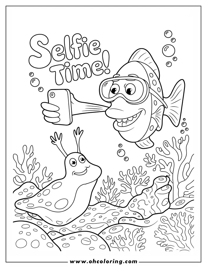 Line art of a fish taking a selfie with a sea slug underwater. The fish wears goggles and holds a phone, while the sea slug has its arms raised. Coral and other sea plants fill the background.