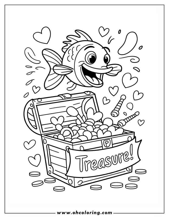 Line art of a fish swimming above a treasure chest filled with heart-shaped jewels and candy
