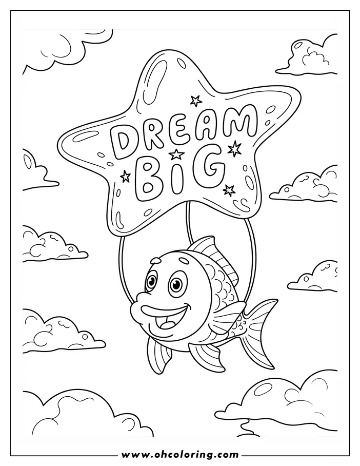 Line art of a smiling fish carried by a star-shaped balloon that says "DREAM BIG" against a cloudy sky.