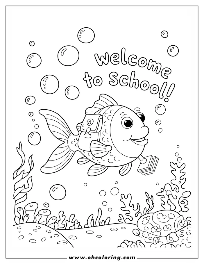 Line art of a fish swimming underwater, carrying a backpack and books on the way to school.