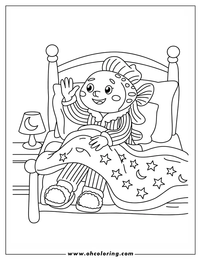 Line art of a fish wearing pajamas and sitting in bed waving. The fish is wearing slippers. The blanket is covered in moons and stars.