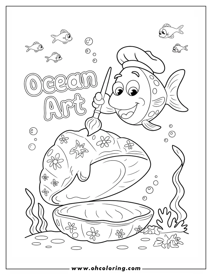 Outline of a fish with a paintbrush, painting flower designs onto a large open clam shell underwater.