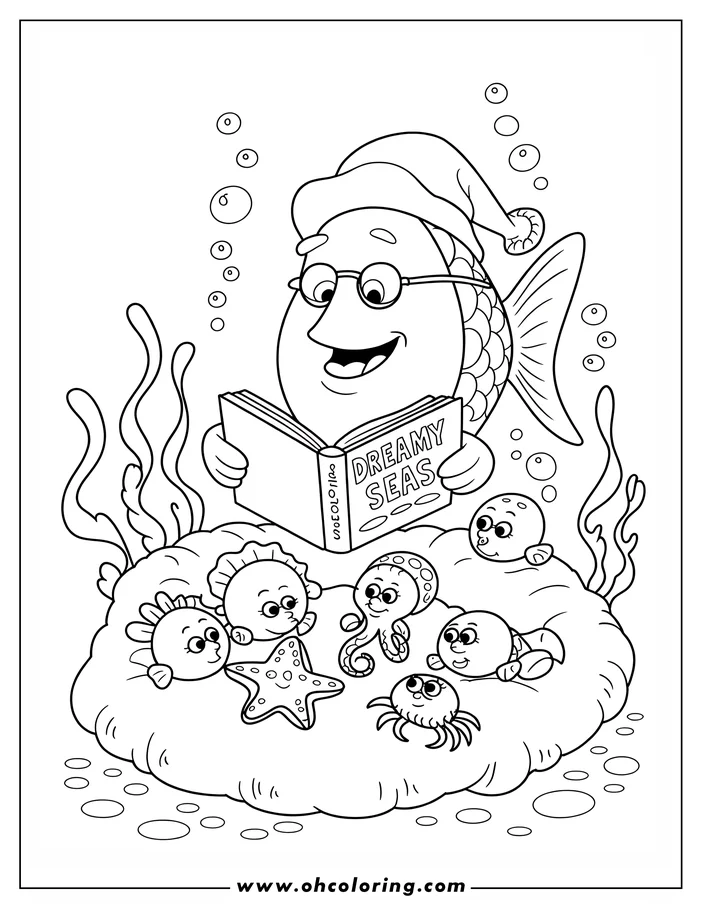 Line art of a fish wearing glasses and a nightcap reading to an octopus, a crab, a starfish, and two fish