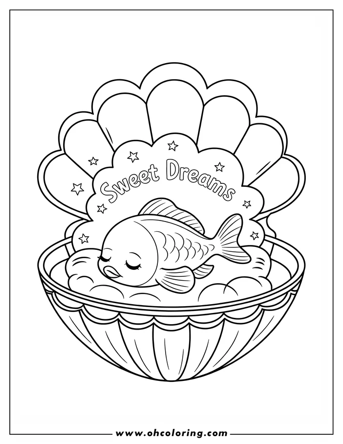 Outline of a cute cartoon fish sleeping peacefully inside a large seashell, surrounded by small stars.