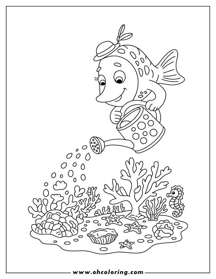 Line art of a fish wearing a hat and watering a coral reef with a watering can. The reef includes coral, seashells, starfish, and a seahorse.