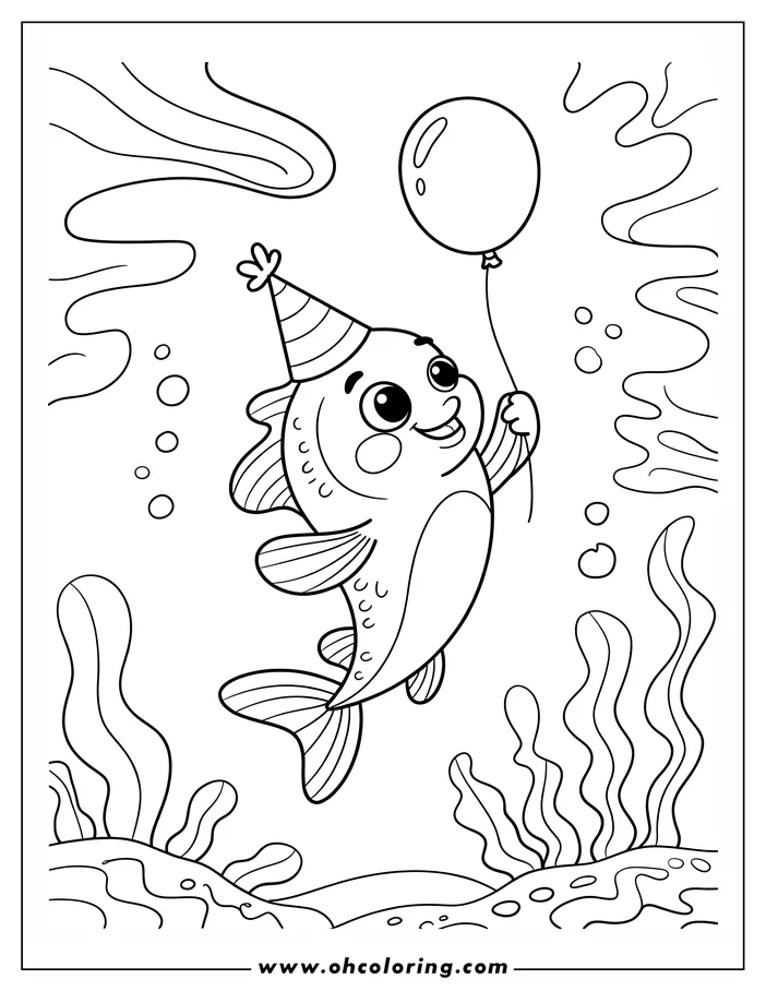 Line drawing of a fish with a birthday balloon, party hat, and a happy face, swimming amongst seaweed.