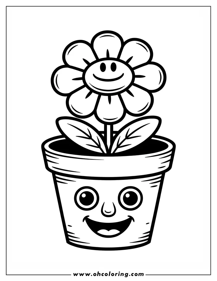 Line art of a smiling flower in a smiling pot.