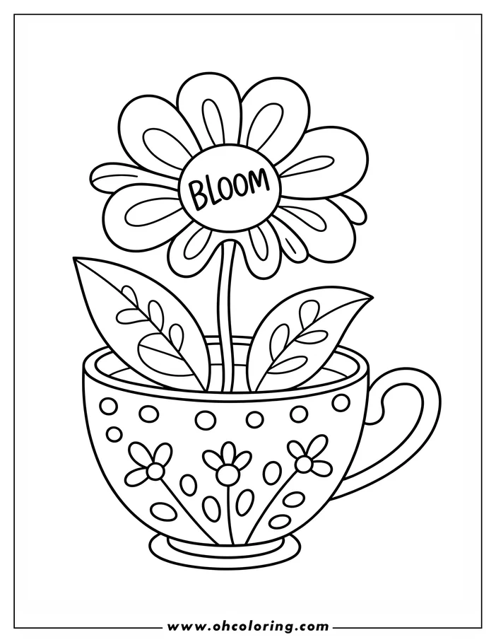 Line art of a flower in a teacup. The flower has 'Bloom' written on it and the teacup is decorated with small flowers.