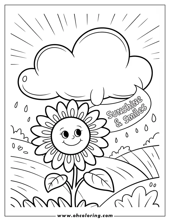 Outline of a smiling flower in a field with raindrops falling and rays of sunshine beaming down.  The cloud looks happy, hinting at a cheerful scene.