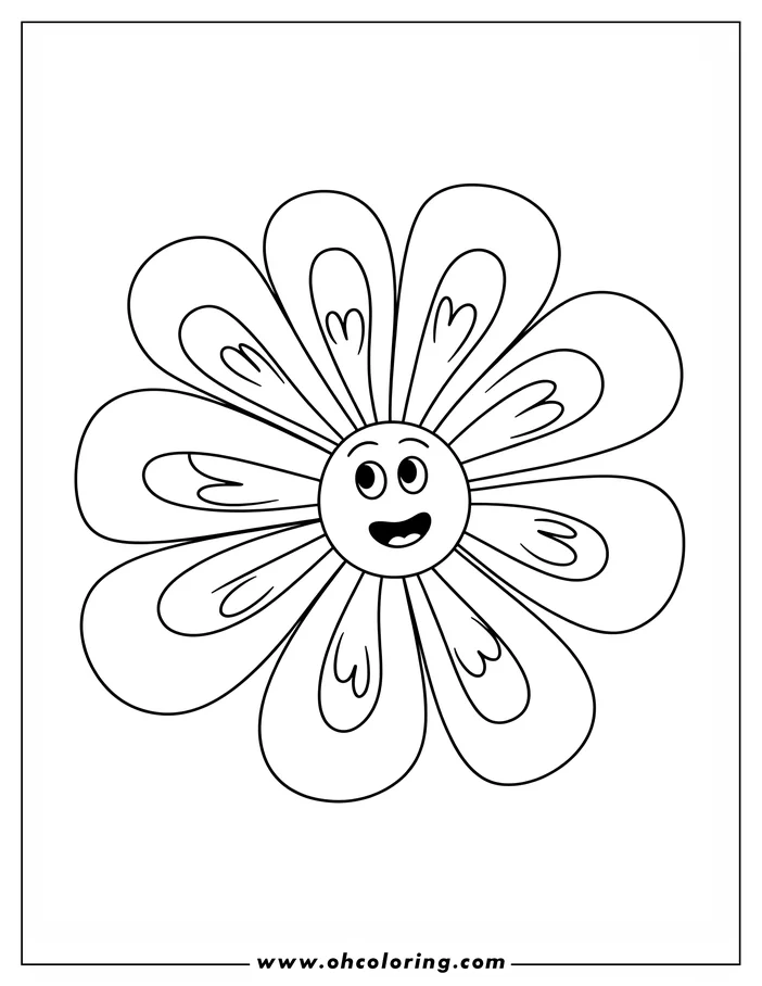 Line drawing of a whimsical flower with a happy face, ready to be colored.