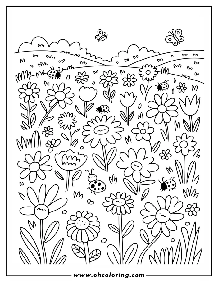 Outline of a field of flowers and ladybugs. Butterflies flutter above the flower-filled scene, and soft rolling hills form the background.