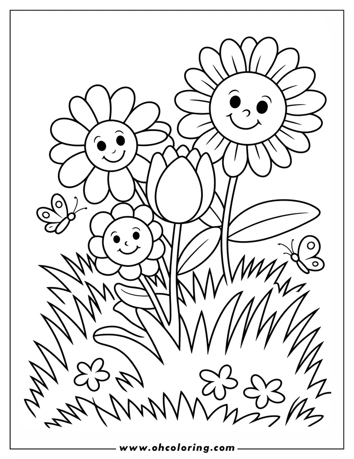 Outline of three smiling flowers and a closed tulip growing in a patch of grass, with two butterflies nearby.