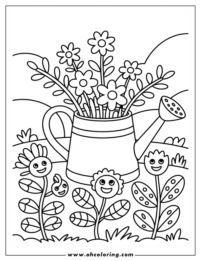 Outline of flowers in a watering can with additional flowers, a berry and an insect nearby.