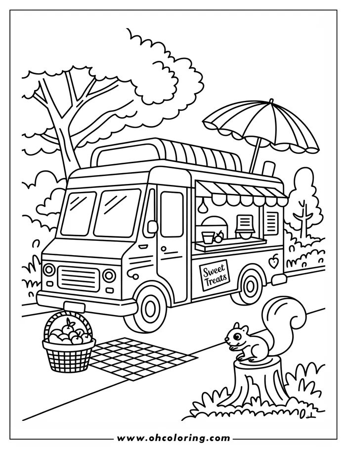 Line art of a food truck parked in a park, with a squirrel on a tree stump and a basket of apples nearby.