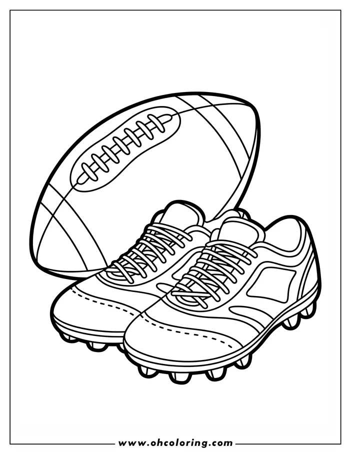 Line art of a football and a pair of cleats, ready to be colored.