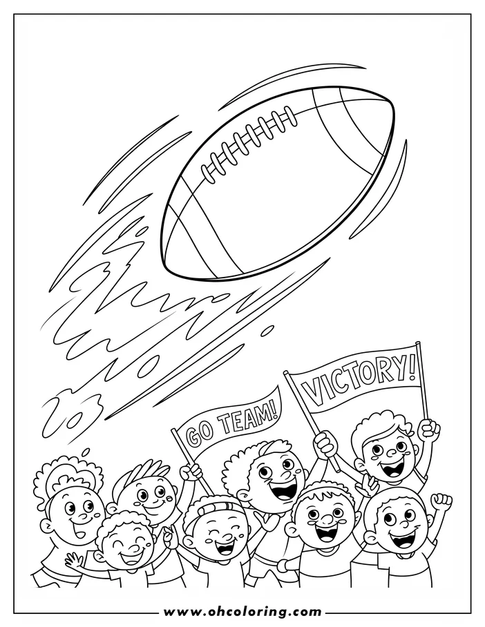 Line art of a football in motion with fans cheering below holding 'Go Team' and 'Victory' signs.