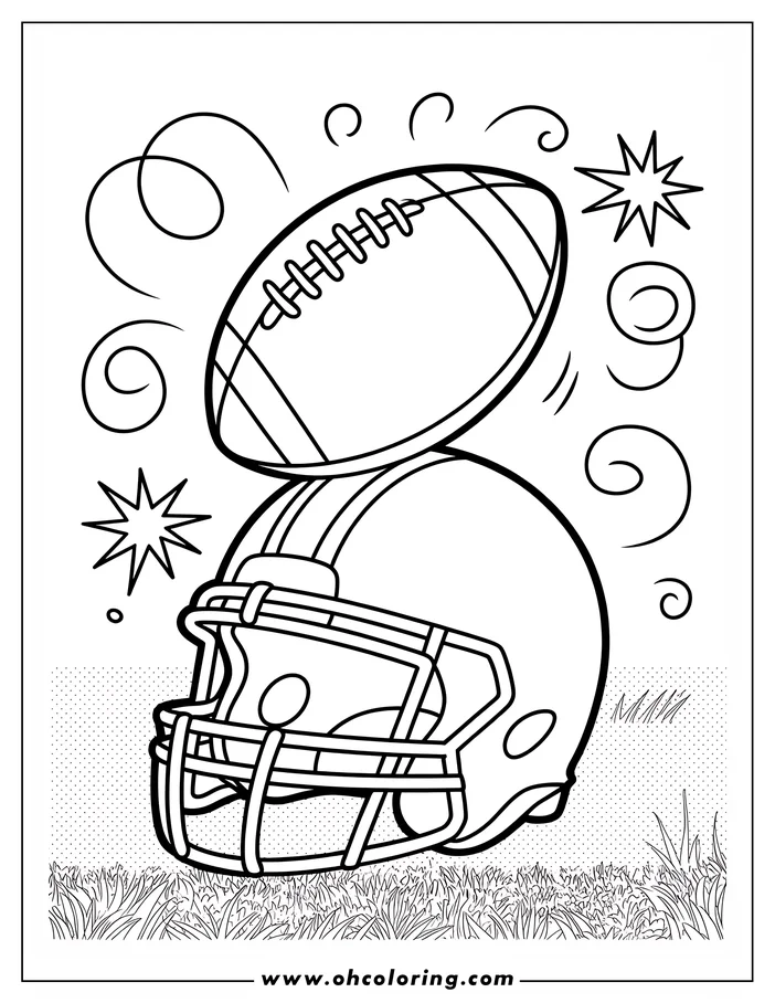 Line art of a football above a helmet on a grassy field.