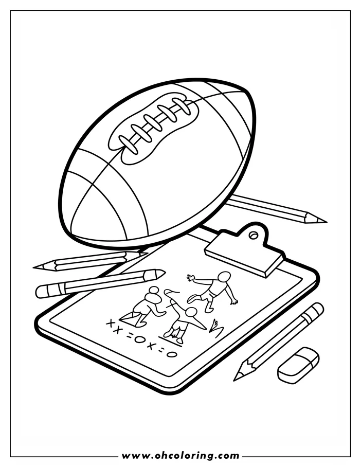 Line art of a football, playbook with football plays, pencils, and an eraser.