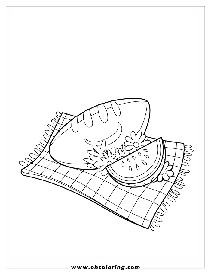 Line art of a smiling football and a slice of watermelon with flowers on a picnic blanket.