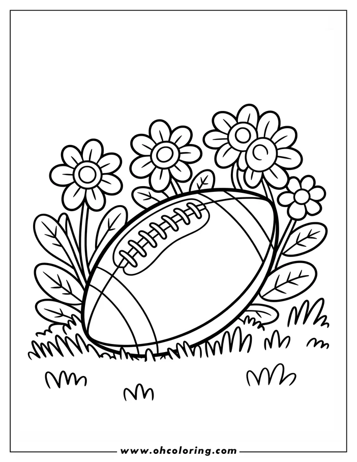 Line art of a football lying in the grass near some flowers.