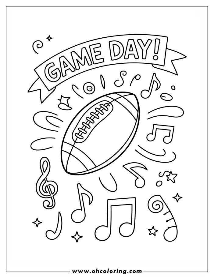 Line art of a football with musical notes, stars, and swirls.