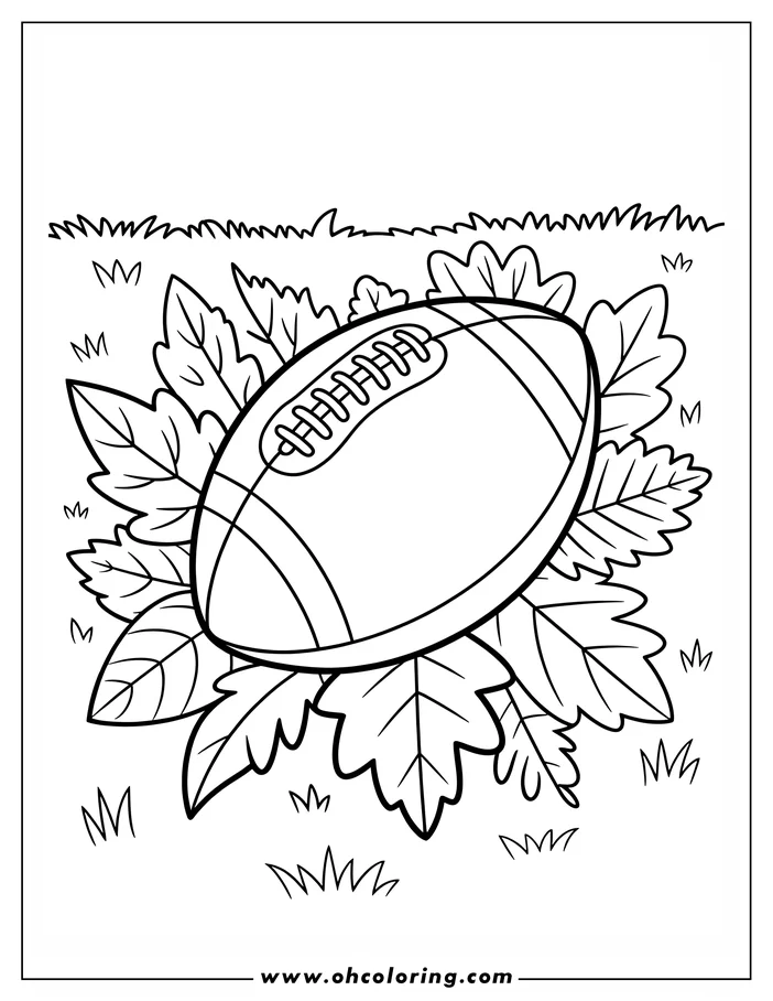 Line art of a football on a bed of autumn leaves, ready for coloring.
