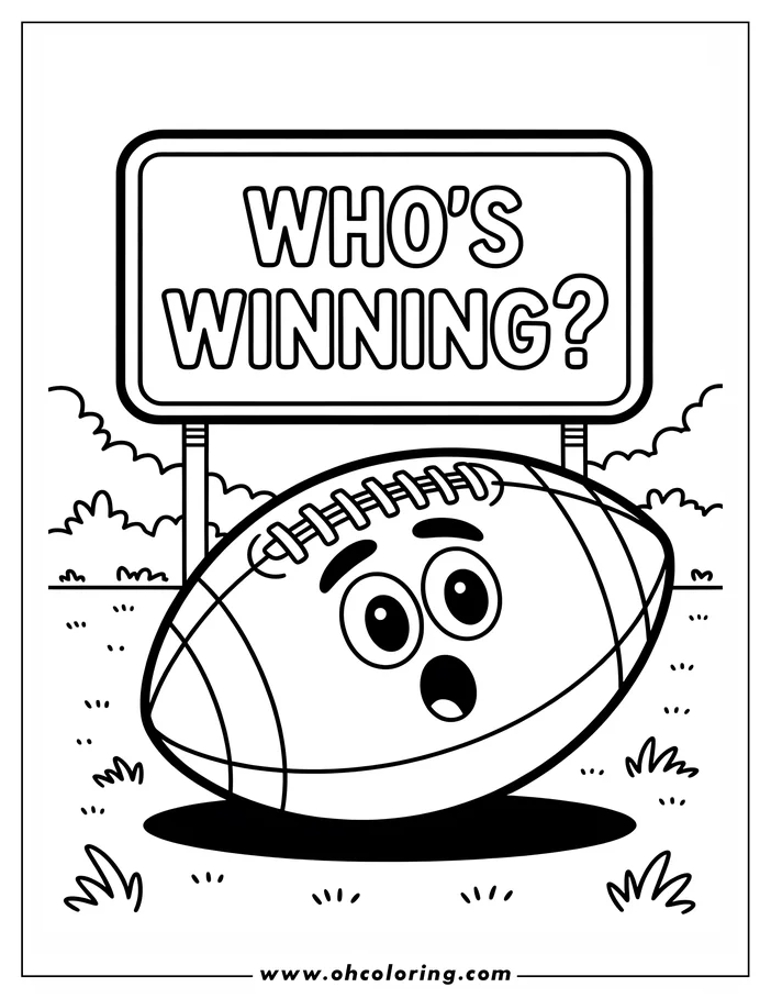 Outline drawing of a football on a field with a sign above it that says "WHO'S WINNING?"