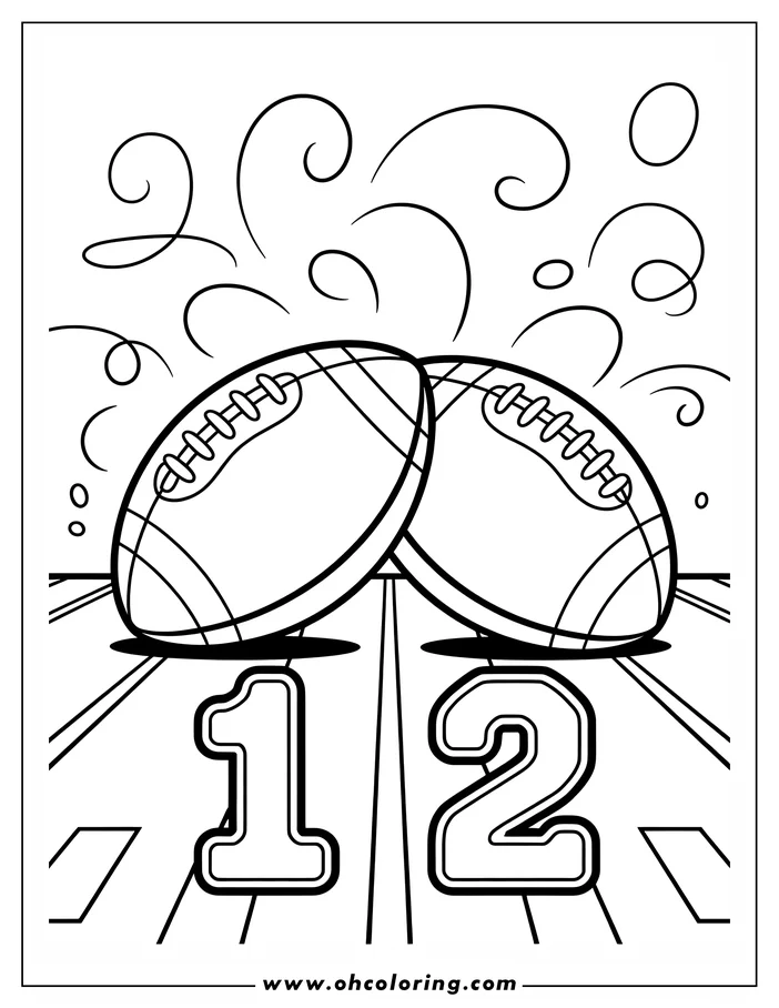 Line art of two footballs placed on a field with the number 12. The footballs have detailed stitching, and the scene likely represents a sports theme.