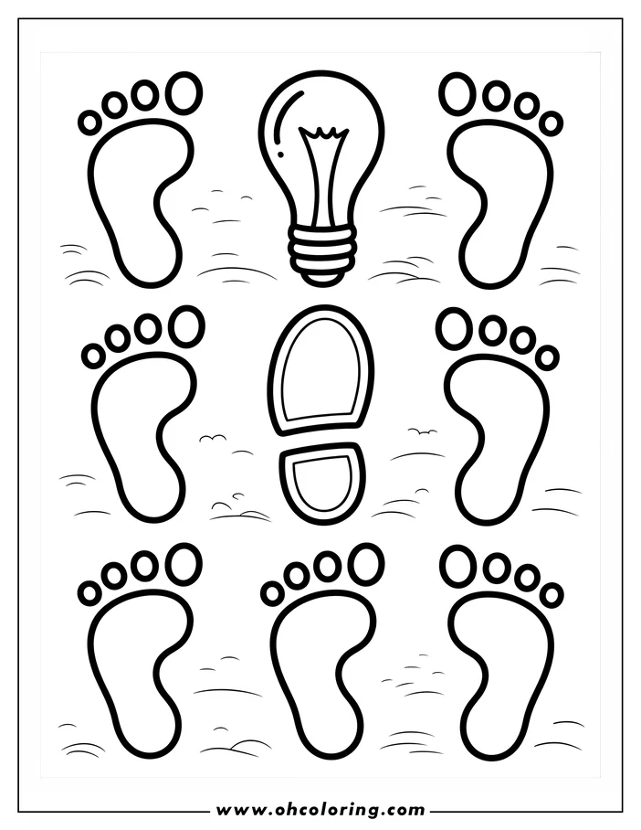Line art of footprints surrounding a lightbulb.