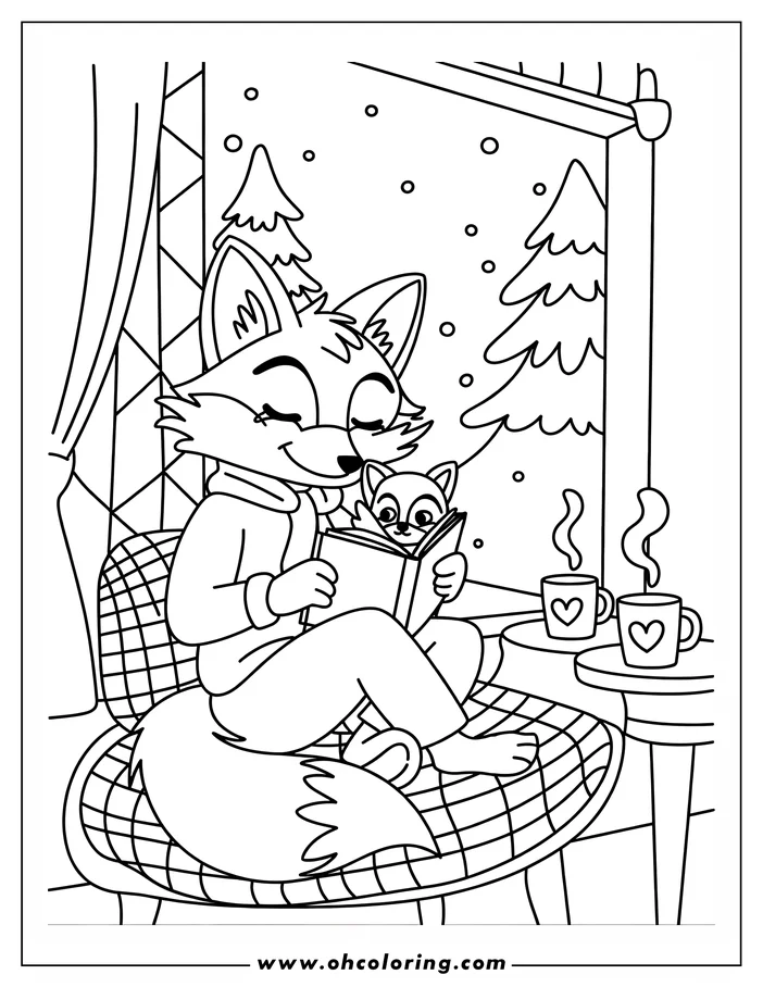 Line art of a mother fox and baby fox reading together in a chair by a window with a winter scene outside.