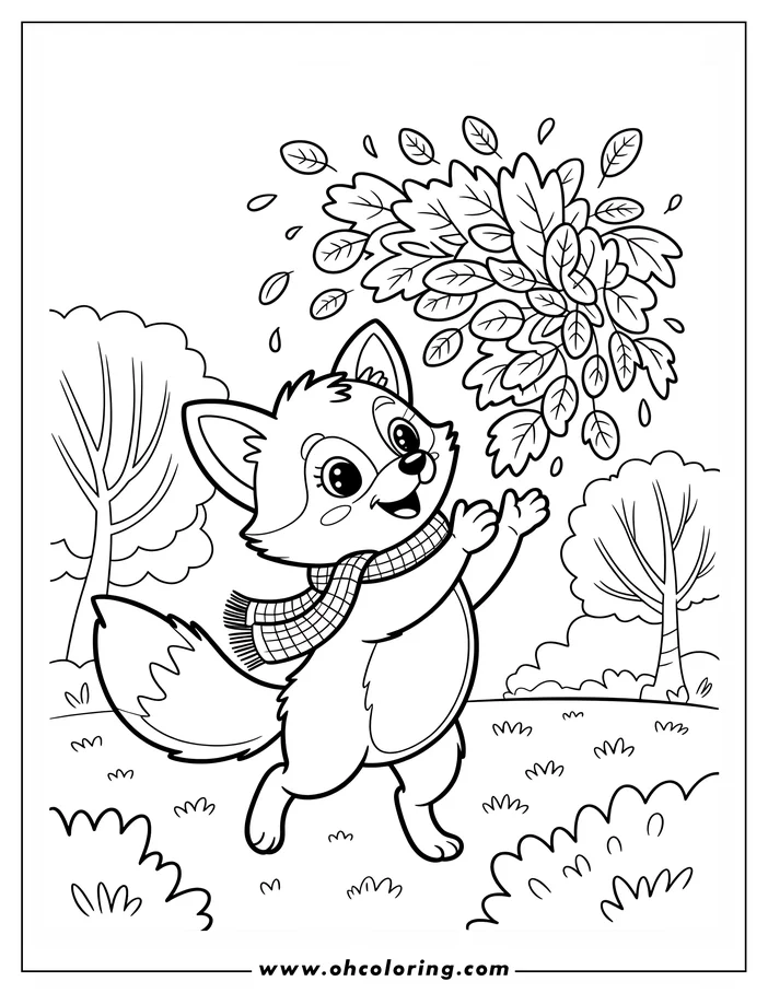Line art of a fox with a scarf, playing with falling autumn leaves in a park setting.