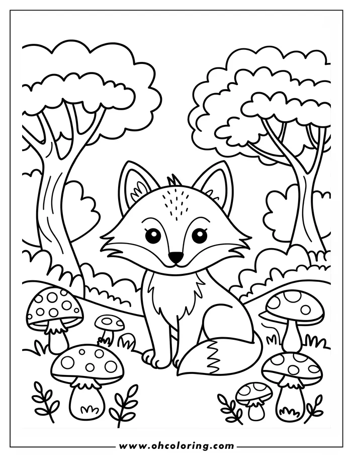 Outline of a cute cartoon fox sitting in a forest clearing among mushrooms.