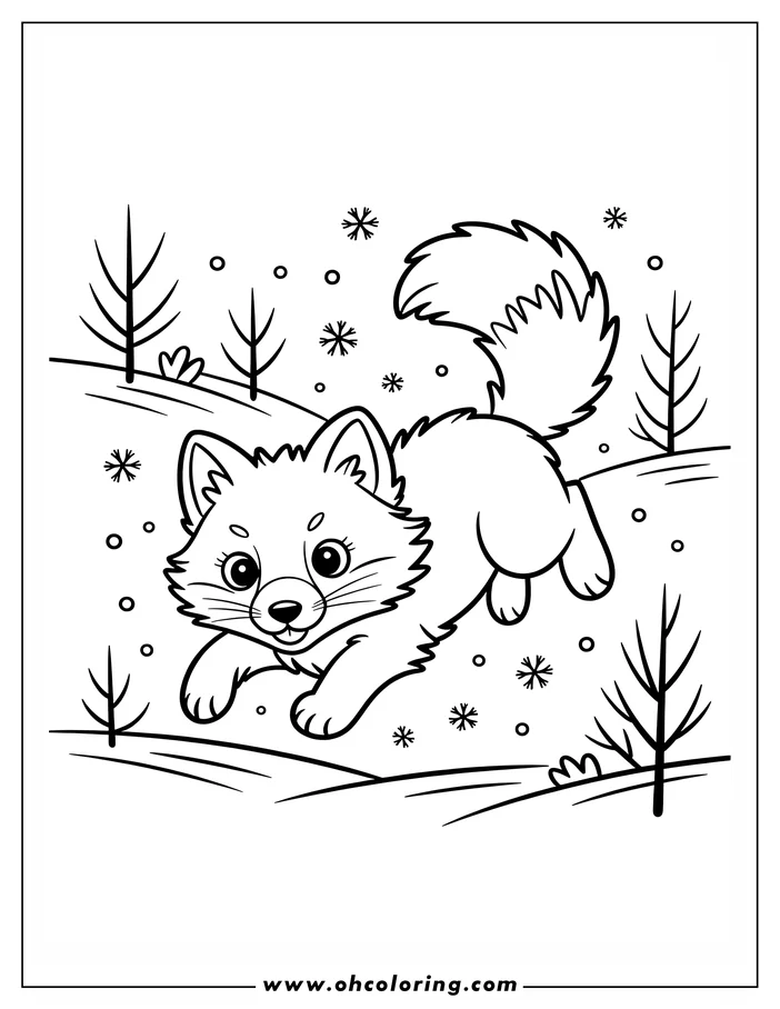 Line art of a playful fox running through a snowy landscape with bare trees and falling snowflakes.