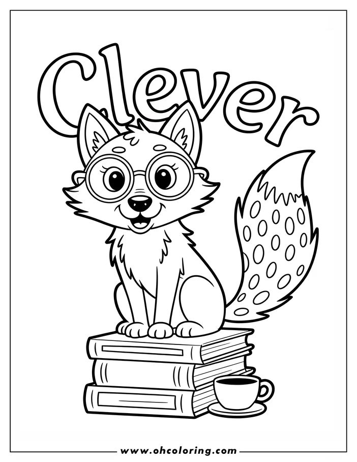 Line art of a cartoon fox with round glasses sitting on a stack of books, with a cup and saucer beside them.