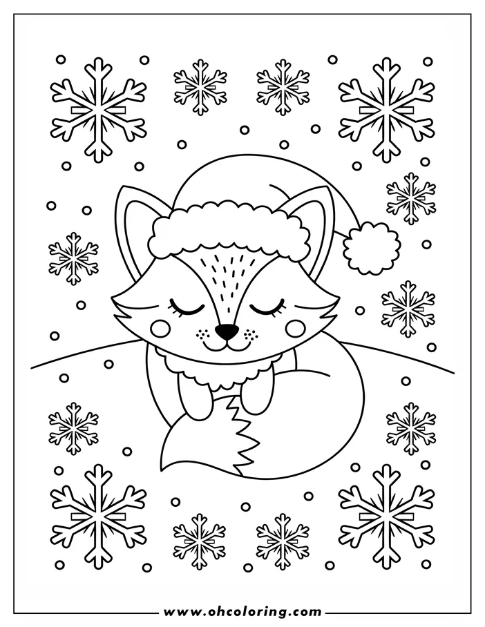 Outline of a cartoon fox wearing a Santa hat, curled up and sleeping amongst snowflakes.