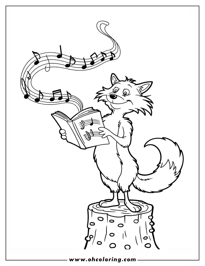 Line art of a fox singing from a music book while standing on a tree stump. Musical notes float above the fox's head.