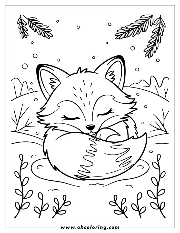 Outline of a cartoon fox sleeping in the snow, curled up with its tail wrapped around it.
