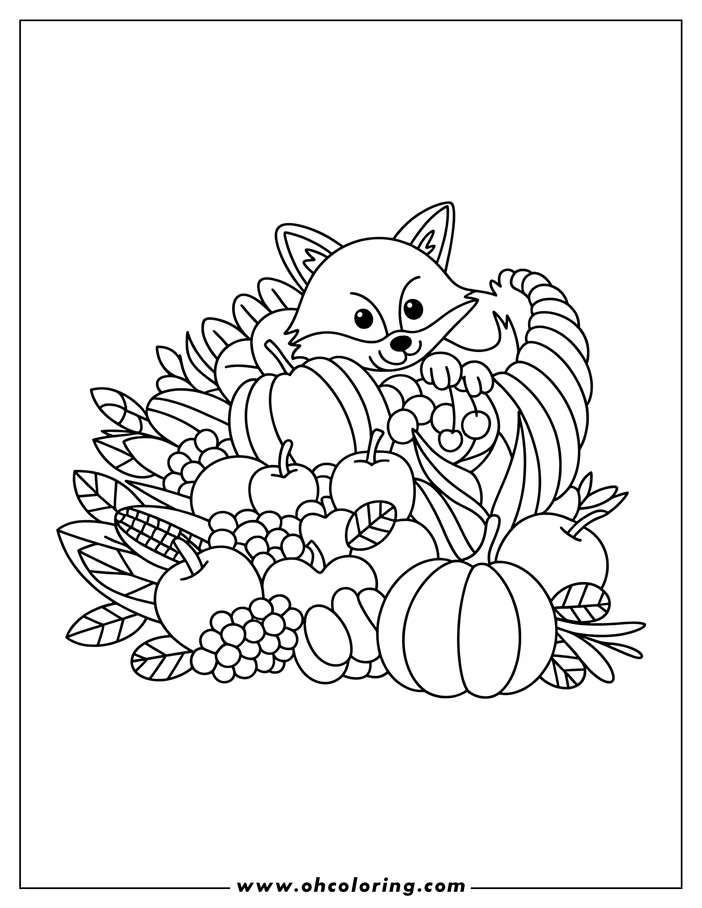 Line art of a fox nestled in a Thanksgiving cornucopia overflowing with pumpkins, apples, grapes, and other autumn harvest bounty.