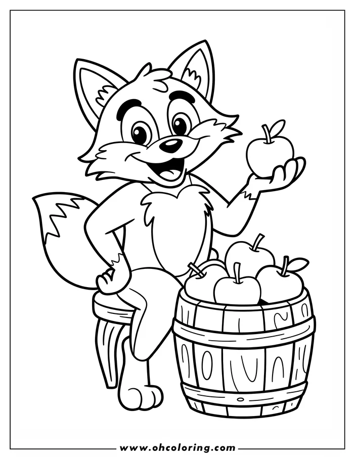 A cartoon fox sitting on a stool with a bushel of apples, holding one apple in its hand.