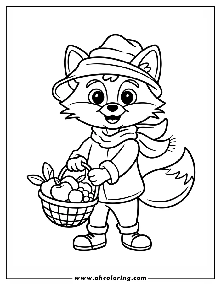 Outline of a friendly cartoon fox wearing a hat and scarf, holding a basket of fruit like apples and grapes