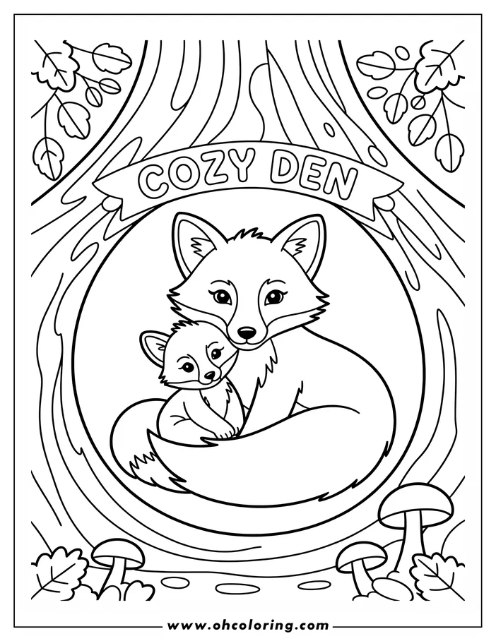 Line art of two foxes, an adult and a cub, cuddling in their den. The den opening is round and surrounded by a tree trunk pattern. Mushrooms and leaves are visible around the outside of the den.