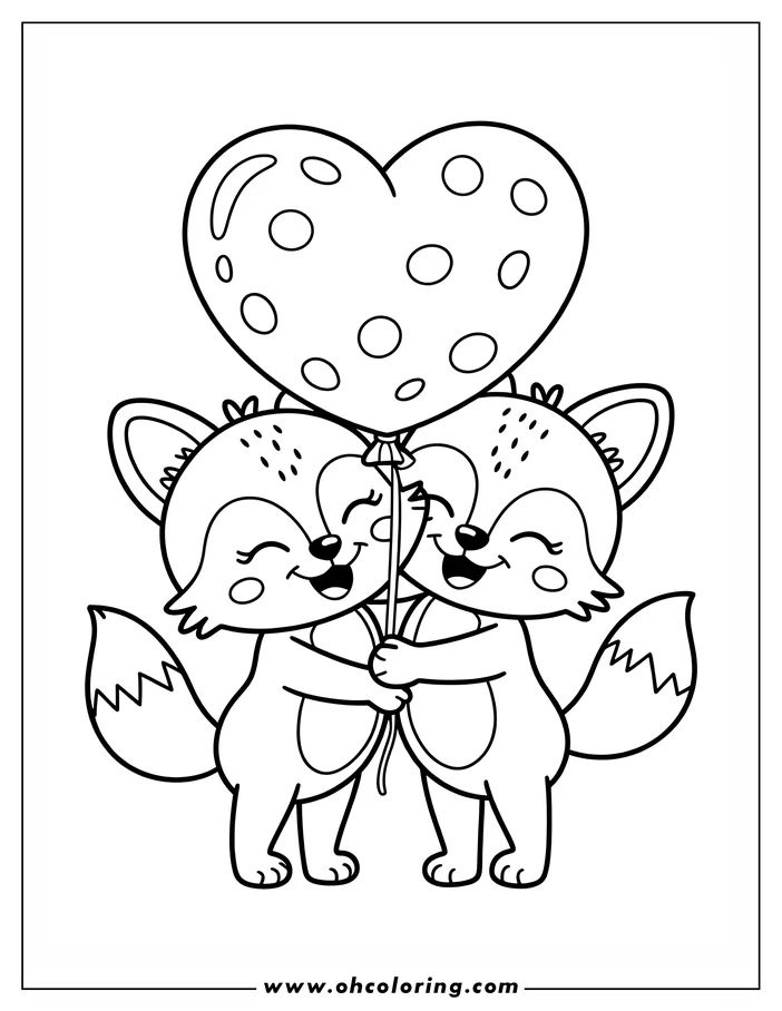 Two foxes holding a heart-shaped balloon.
