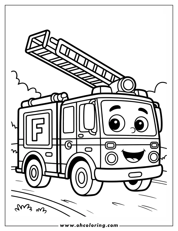 Line art of a friendly, smiling firetruck with its ladder extended, driving down a road. The truck has large eyes and a simple, cartoonish design, with grassy patches on either side of the road. This is a printable coloring page design.